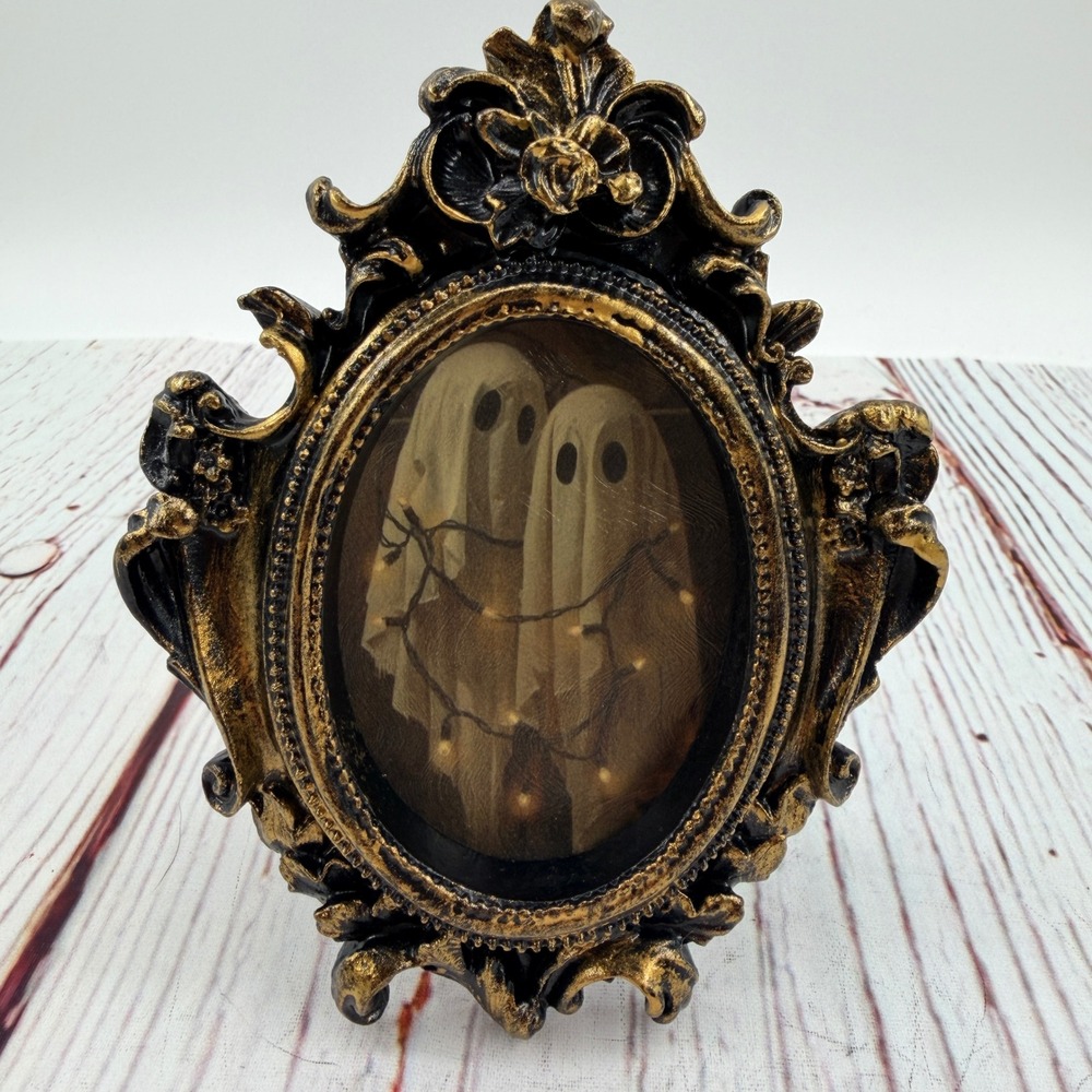 Gothic Ghost Decoupage Art Ornate Gold Black Resin Frame Halloween Decor